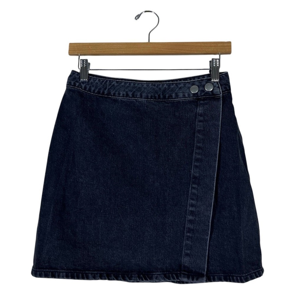 ASOS Denim Wrap Front Solid Mini Skirt Washed Black Grunge A-Line Size 6
